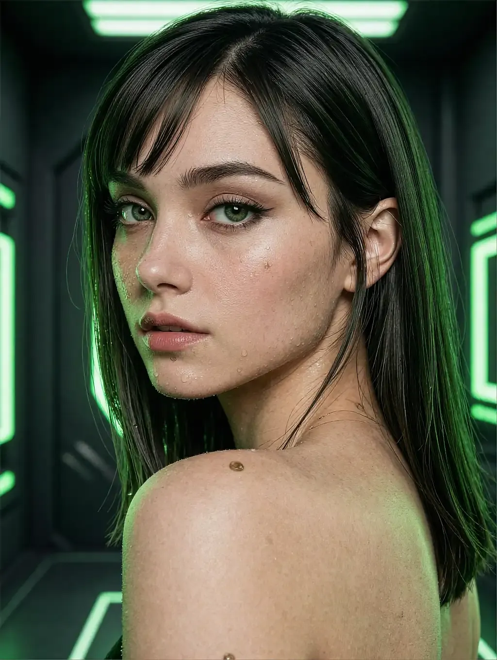 Dana — dark-haired woman in a white satin slip sitting on a bed under coloured light