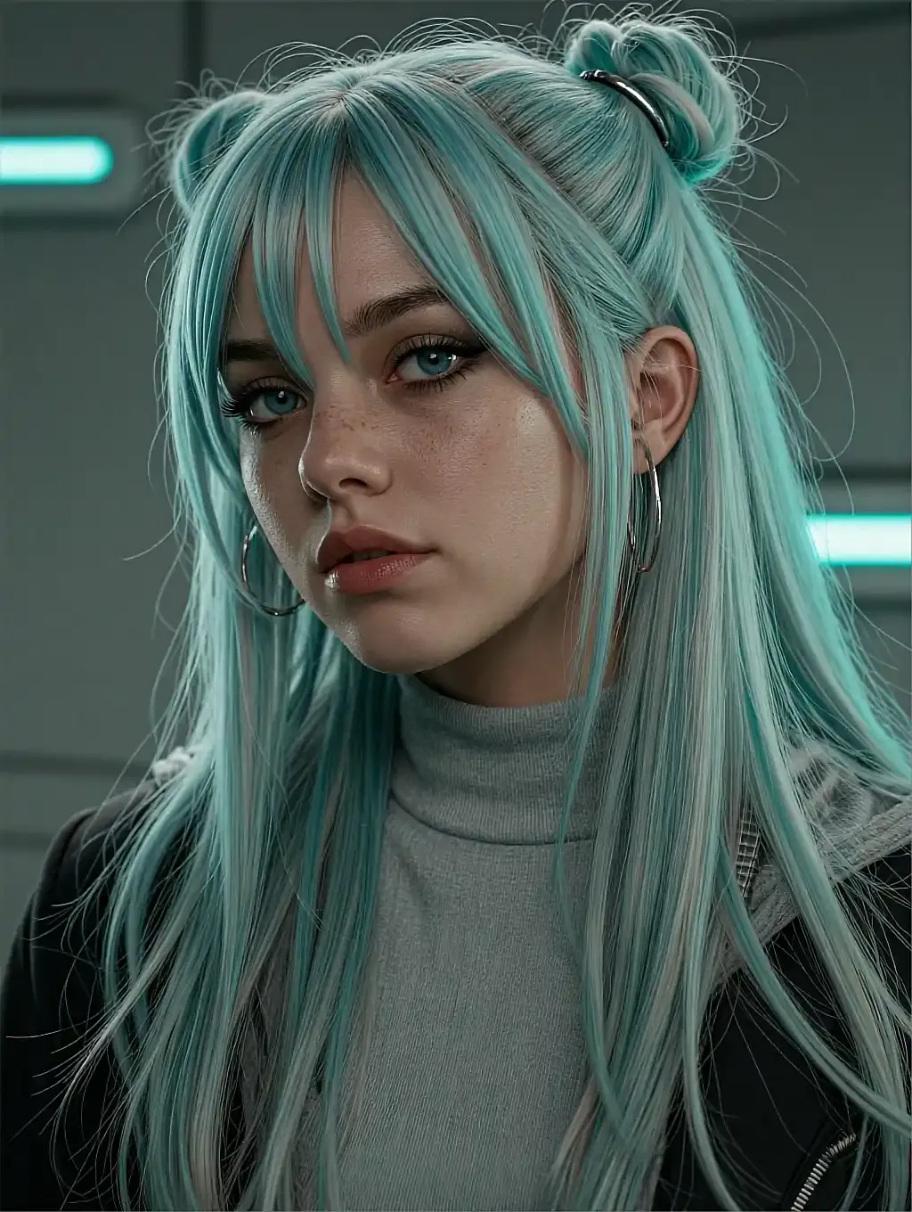 Teal-haired woman with twin buns in a grey turtleneck and black jacket, hoop earrings, blue-green glow