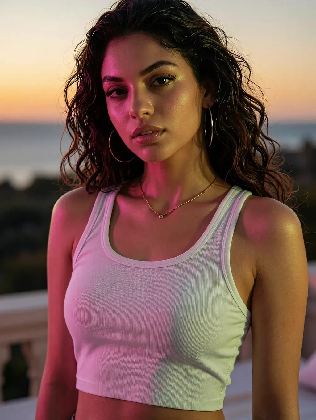 Curly dark-haired woman in a white tank top with hoop earrings and necklace, ocean sunset behind her